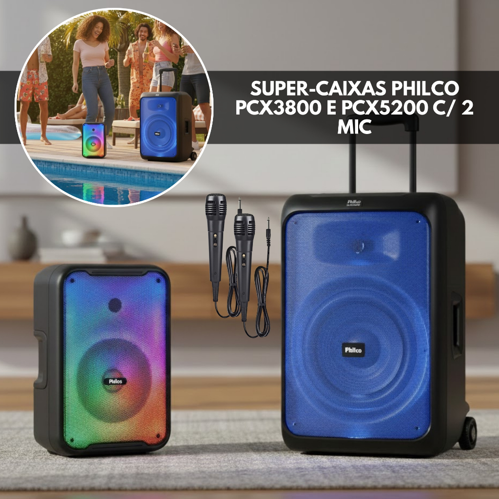 SUPER PHILCO CAIXA SOM AMPLIFICADA PCX 3800 e 5200 COM 250 A 600W RMS KARAOKE C/2 MIC COM FIO