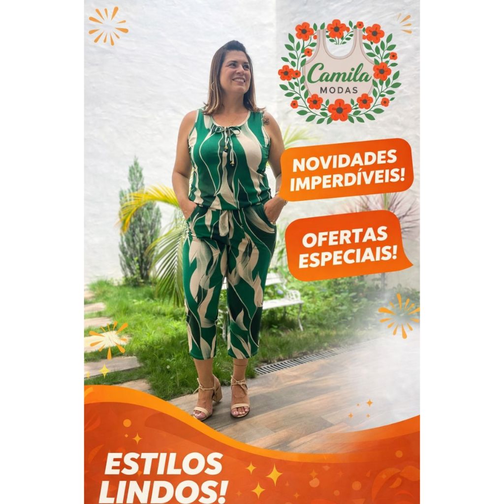 Conjunto de regata e pantacourt, folhagem verde, viscolycra plus size. em Oferta na Shopee