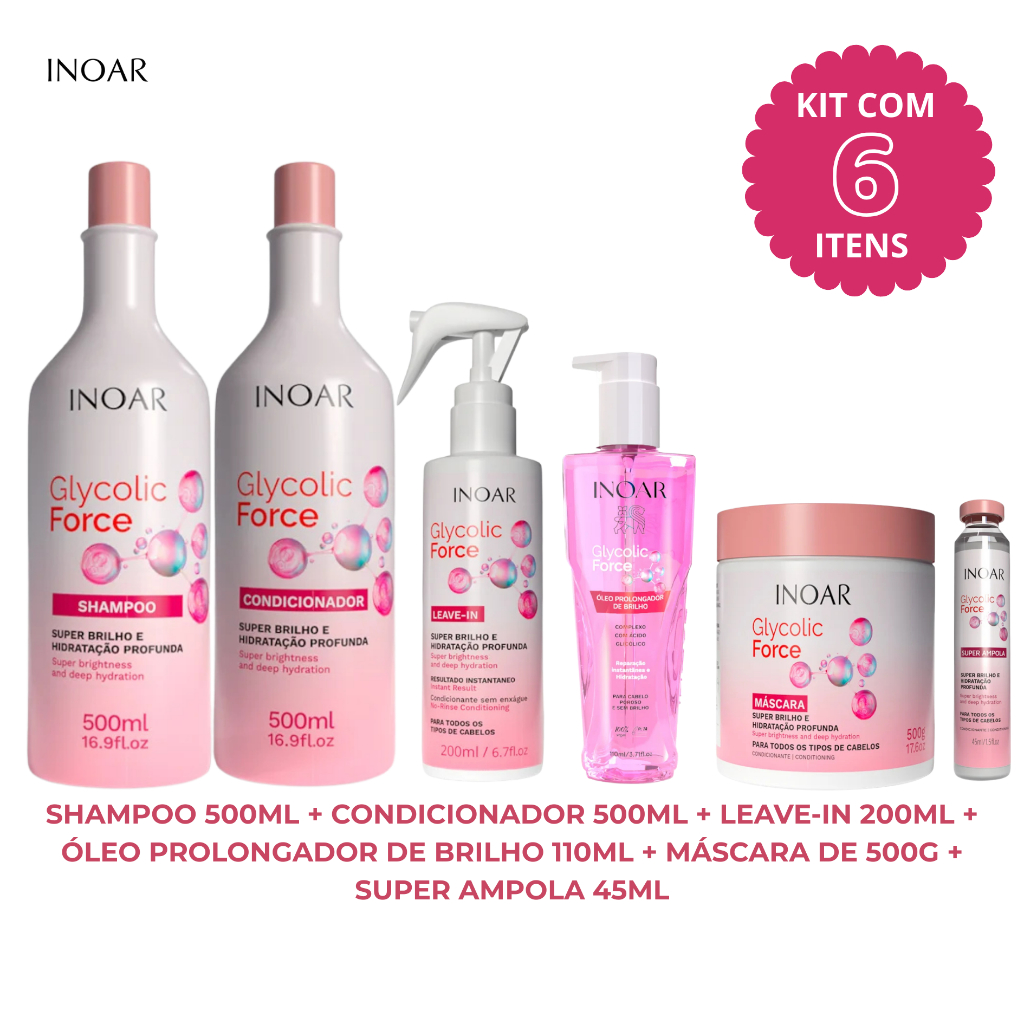 Kit 6 Itens Inoar Glycolic Force Shamp 500ml + Condicio 500ml + Leave In 200ml + Óleo 110ml + Máscara 500g + Ampola 45ml