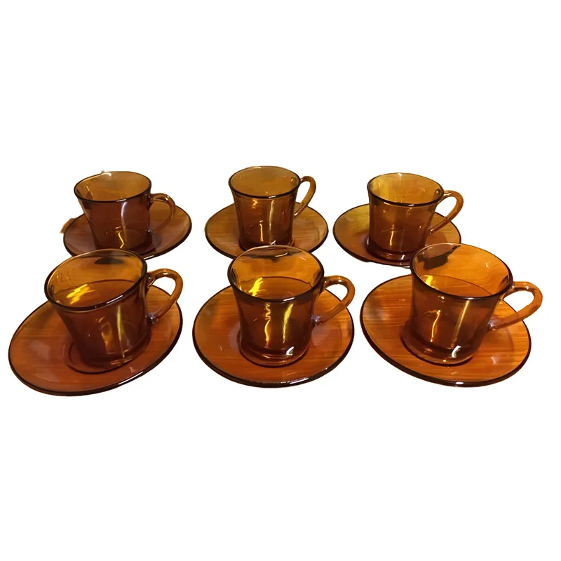 KIT com 6 xícaras de chá/café e 6 pires, mais 3 pratos fundos. Duralex âmbar.