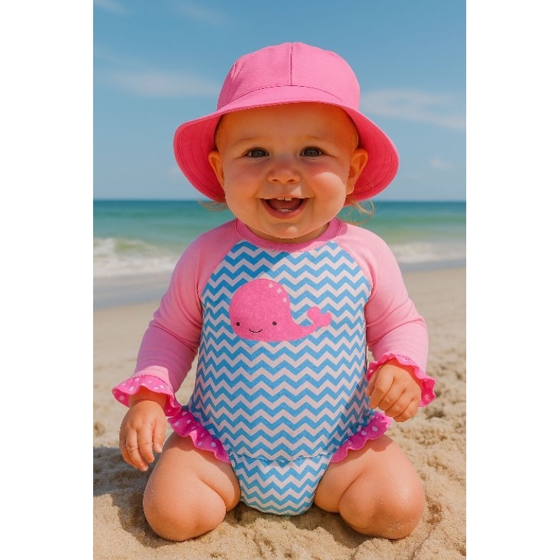 Conjunto de Biquíni Bebê com Blusa Proteção Solar UV 50+ com Chapéu Praia Piscina