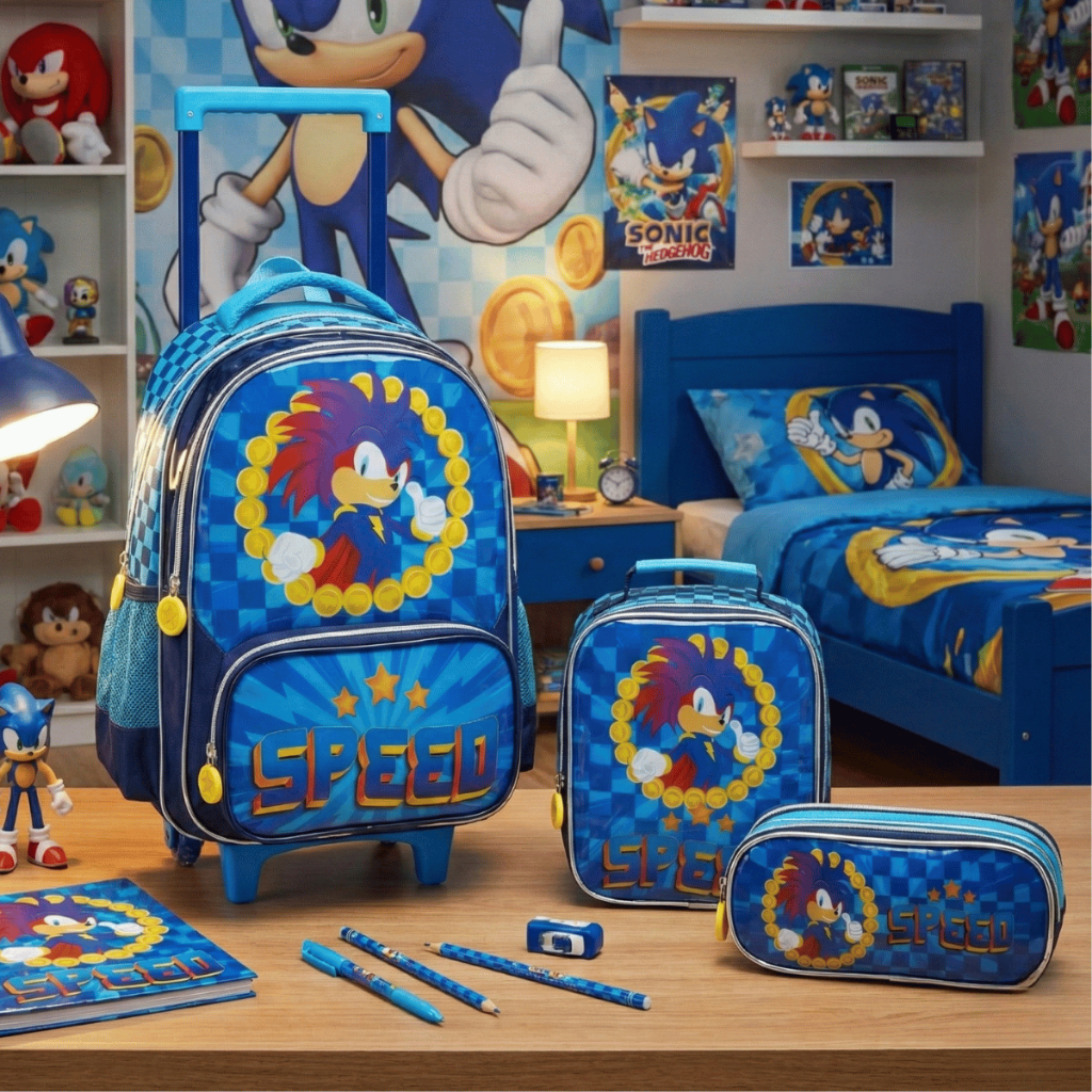 Mochila Escolar Infantil Speed Sonic (escolha o tamanho) kit completo, mochila costas grande pequena