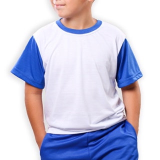 Camiseta branca infantil uniforme escolar com mangas coloridas 100% poliester para sublimação em Oferta na Shopee