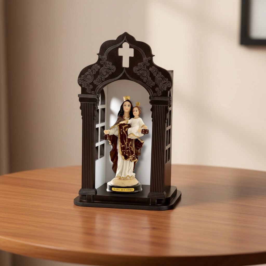 Imagem Nossa Senhora do Carmo 15 Cm Resina + Capela Oratório Mdf