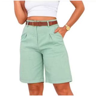 Bermuda Femenino ALFAIATARIA TECIDO LINHO com bolso cintura alta acompanha cinto em Oferta na Shopee