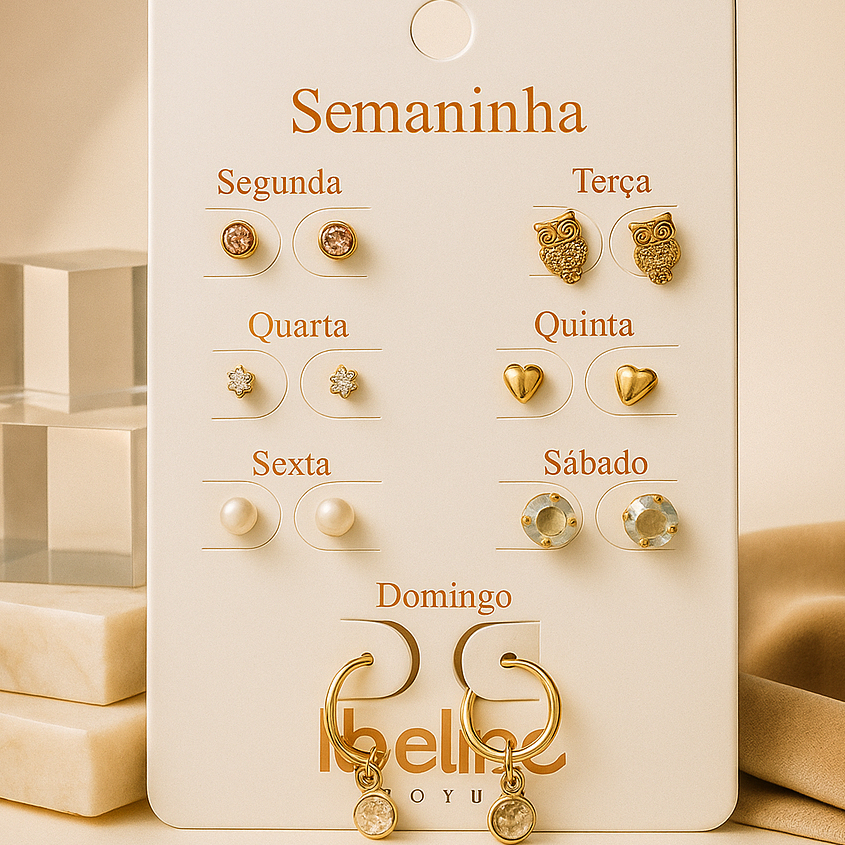 Kit Semaninha Feminino com 7 Brincos Delicados Banhados a Ouro 18K