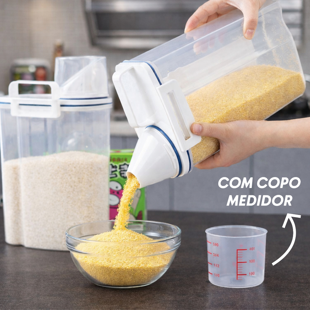 Pote Hermético 2.5L com Copo Medidor Recipiente 2KG Organizador Alimentos Arroz Grãos Cereais