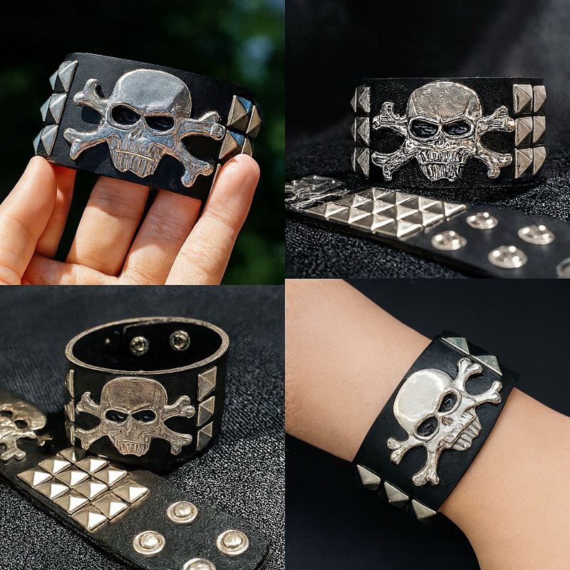 Pulseira Punk Rock Spike Piramide e Caveira P.U em Oferta na Shopee