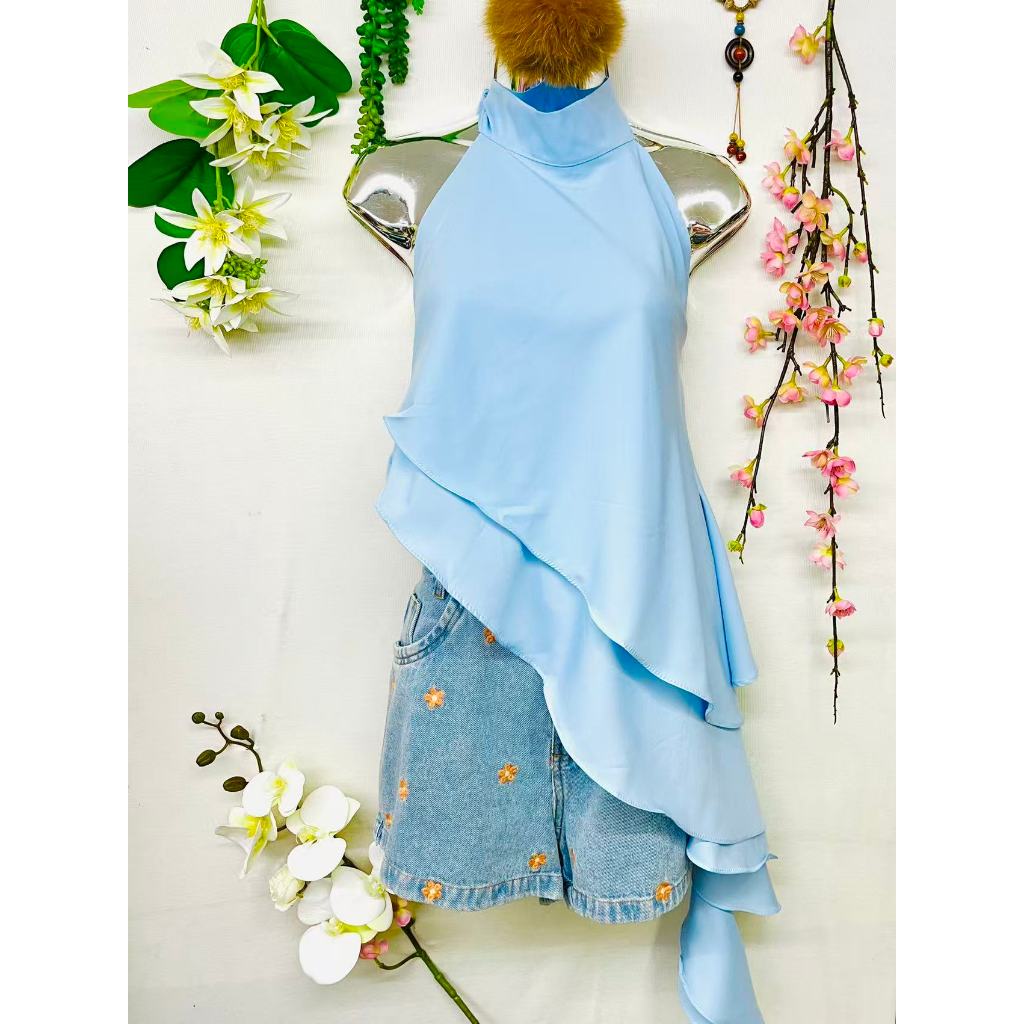 T124 Blusa branca de gola alta sem mangas, design assimétrico de babado elegante em Oferta na Shopee