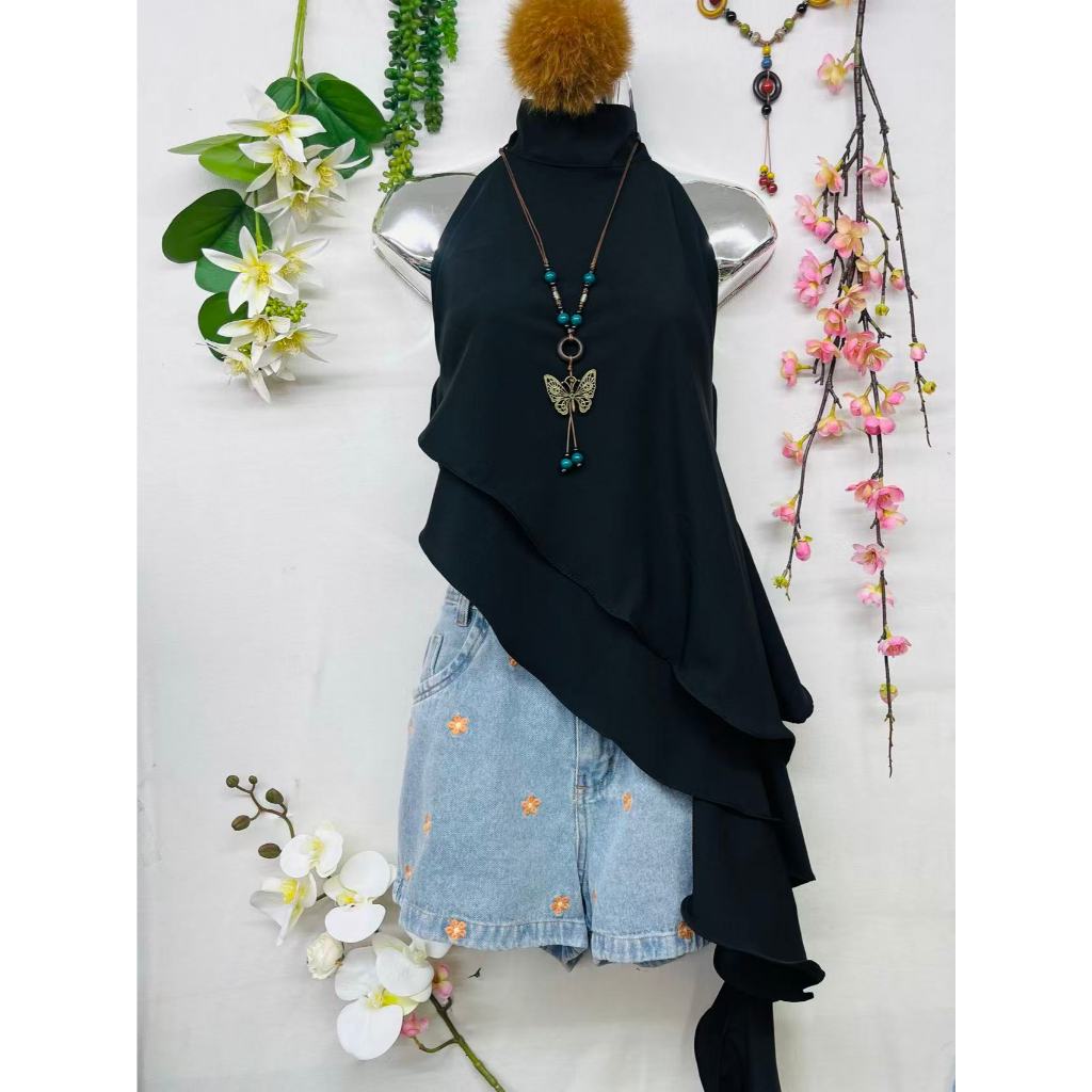 T124 Blusa branca de gola alta sem mangas, design assimétrico de babado elegante em Oferta na Shopee