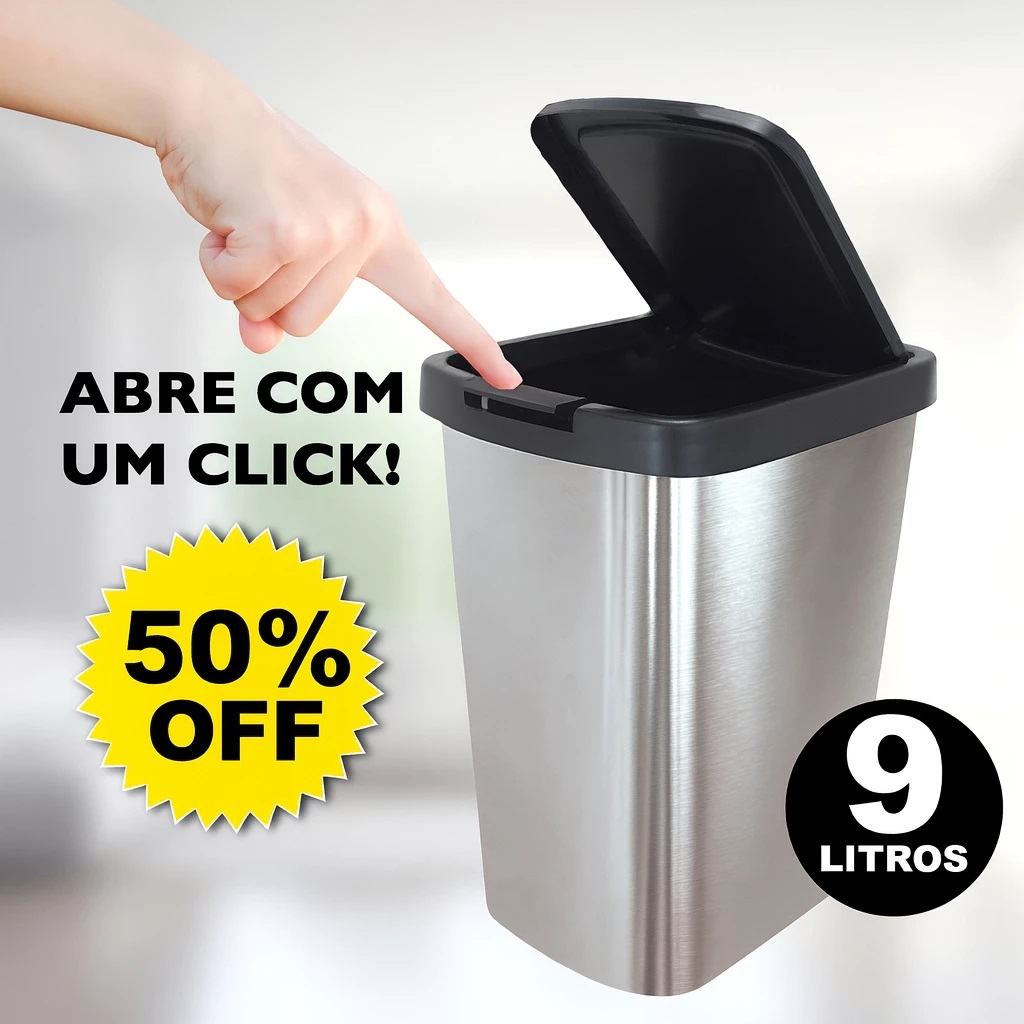 Kit com até 2 Lixeiras Cesto 09 Litros | Design Inox Com Tampa Click Label | Lixeira Escritório Lixeira Banheiro em Oferta na Shopee