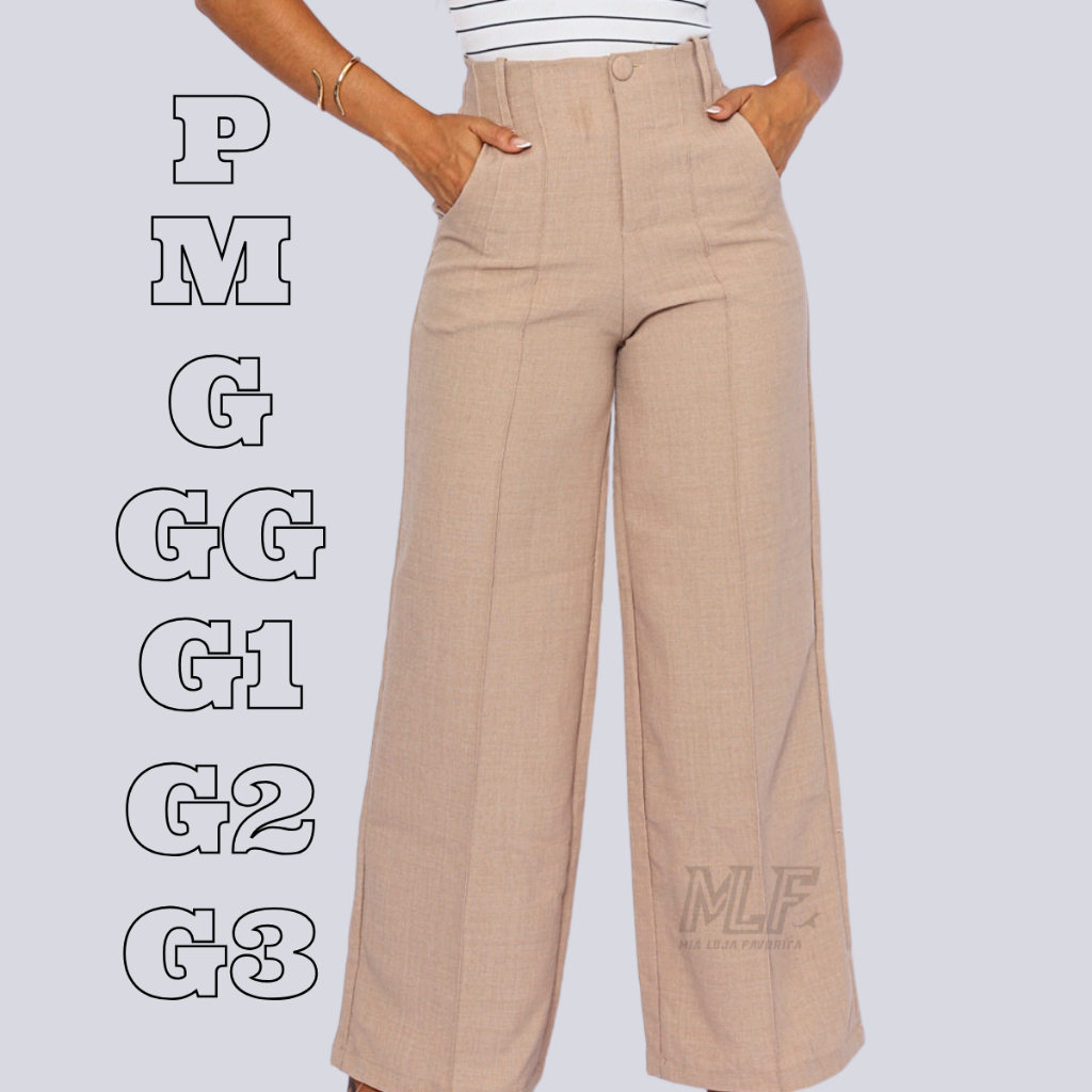 Calça Pantalona Linho Feminina Cintura Alta Wide Leg