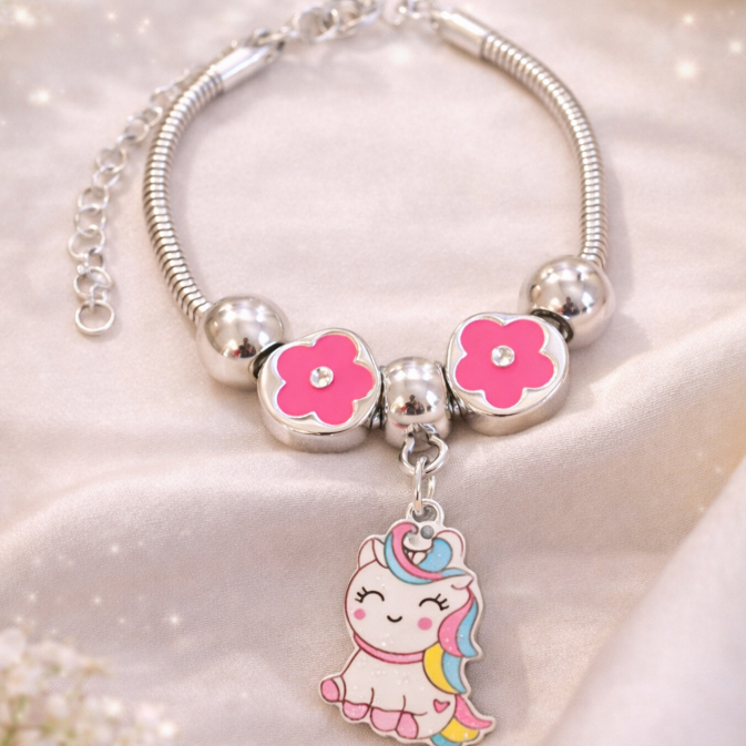 Kit 3 Pulseira Infantil Prateada Berloques Feminina Pingente Estilo Berlock Colorida Criança Menina em Oferta na Shopee