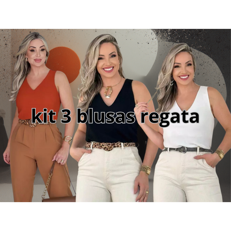 Kit 3 Blusa Feminina Regata Alça Larga Tecido Crepe Duna Tendência Regata Lisa Básica Elegante