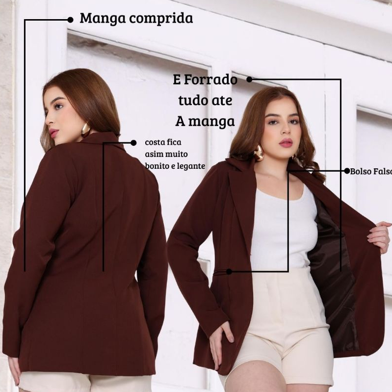 Blazer Forrado Max Feminino Alfaiataria Premium Social Bolso Falso