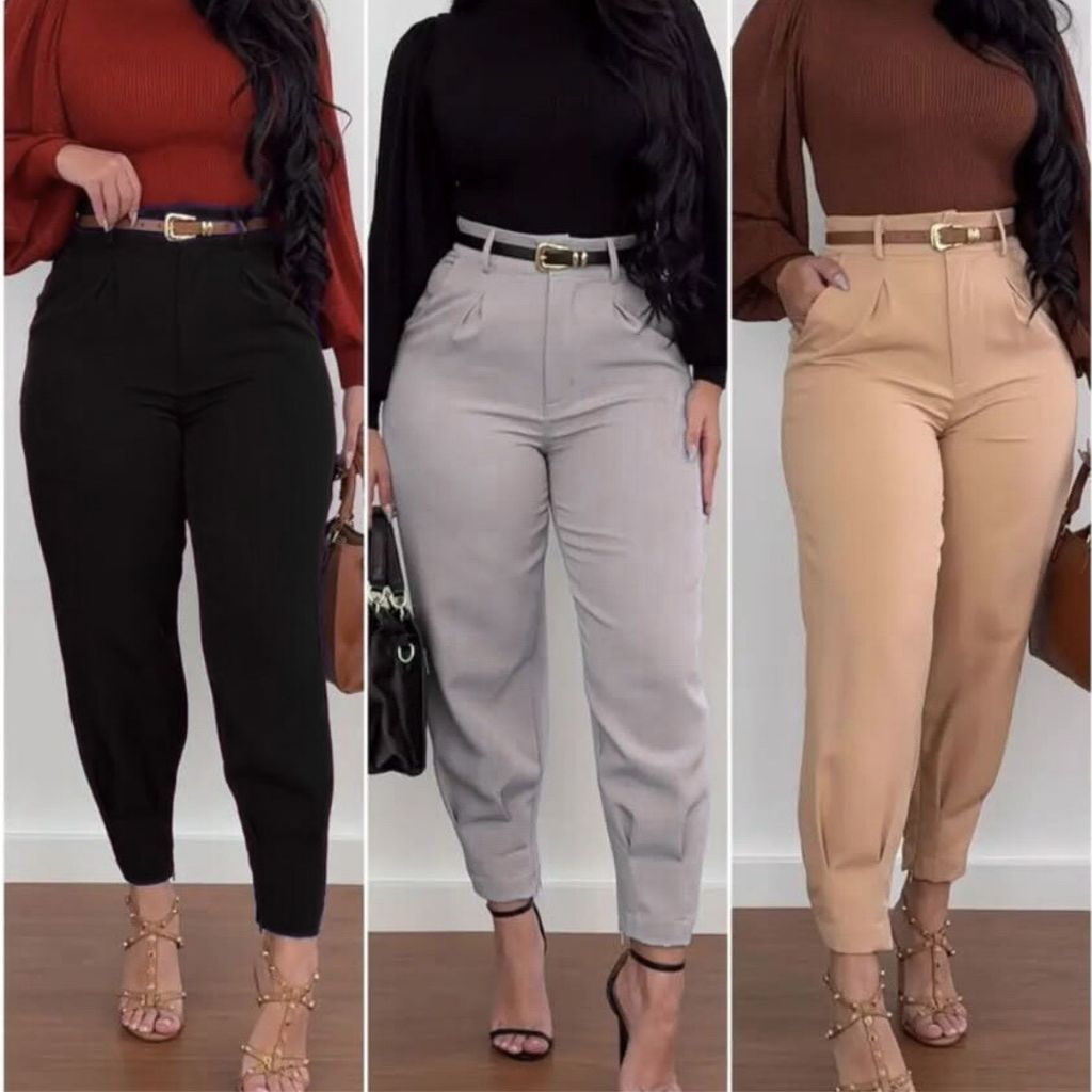 Calça Cenoura Alfaiataria Feminina Social e Casual Cintura Alta P até G1 em Oferta na Shopee