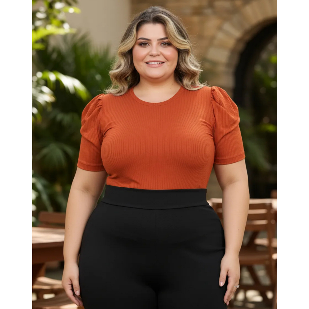 Blusa Feminina Plus Size Canelada Manga Bufante Modelagem Confortável Com Elastano Blusinha Princesa Estilosa Casual