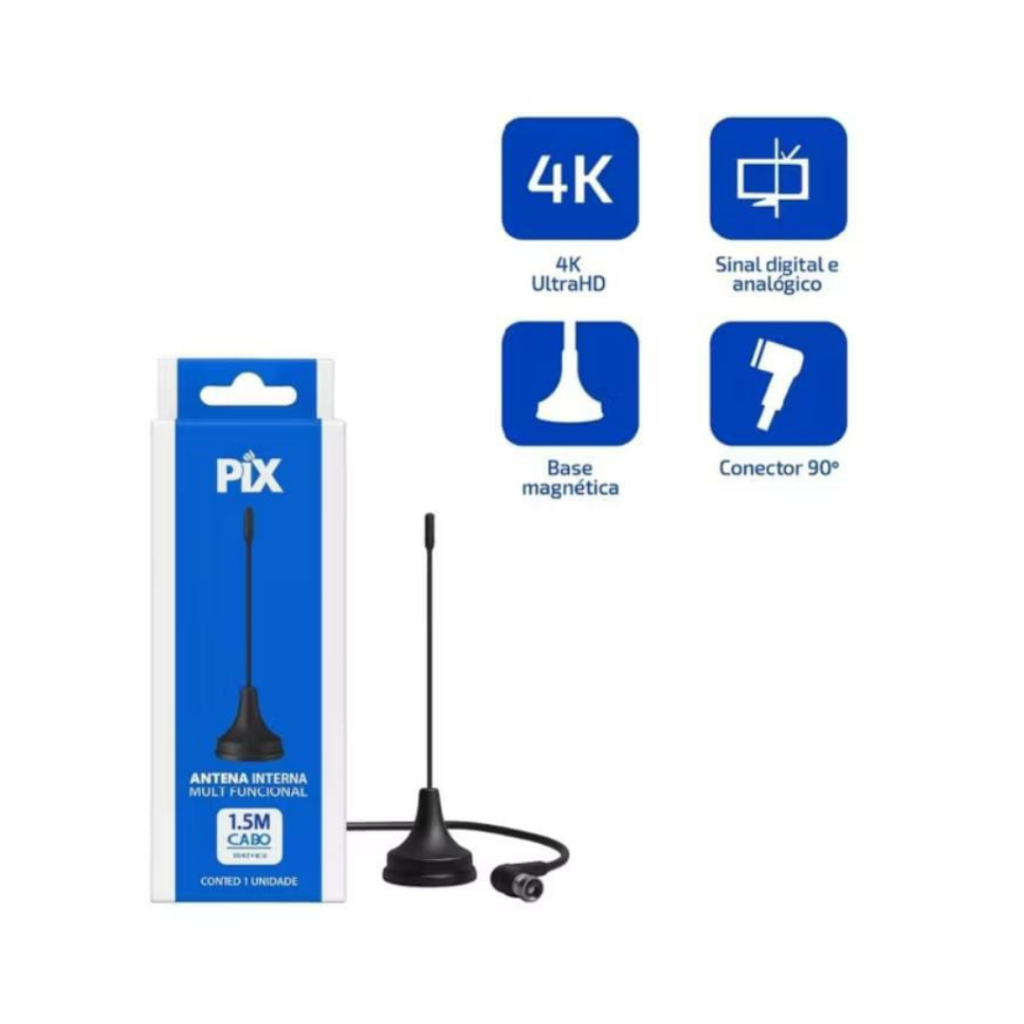 Antena Digital Para TV 1,5 Metros Multi Interna Sinal Ultra HD Base C/ Ima1,5M Plug 90 Graus