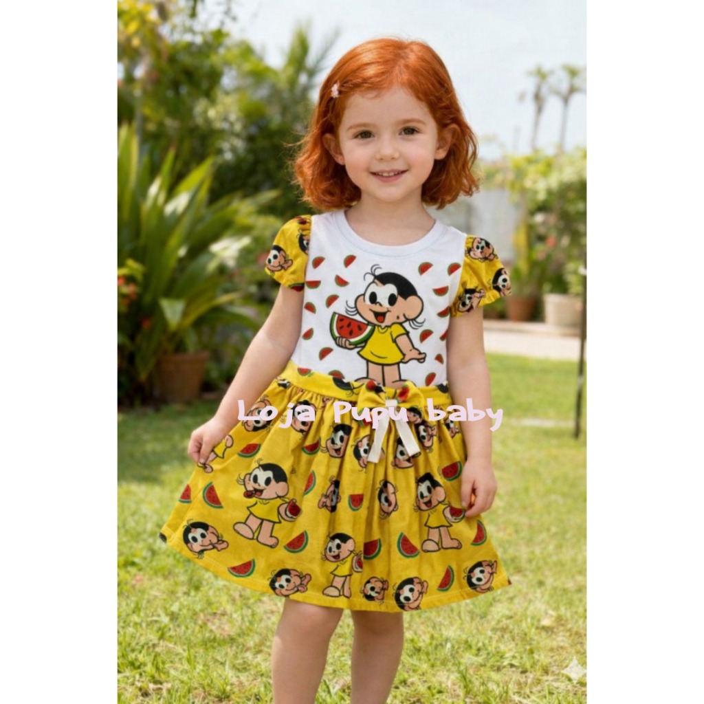 Vestido infantil estampado Baby shark, Bolofofo, Galinha pintadinha, Magali,Marsha e o Urso e Mônica