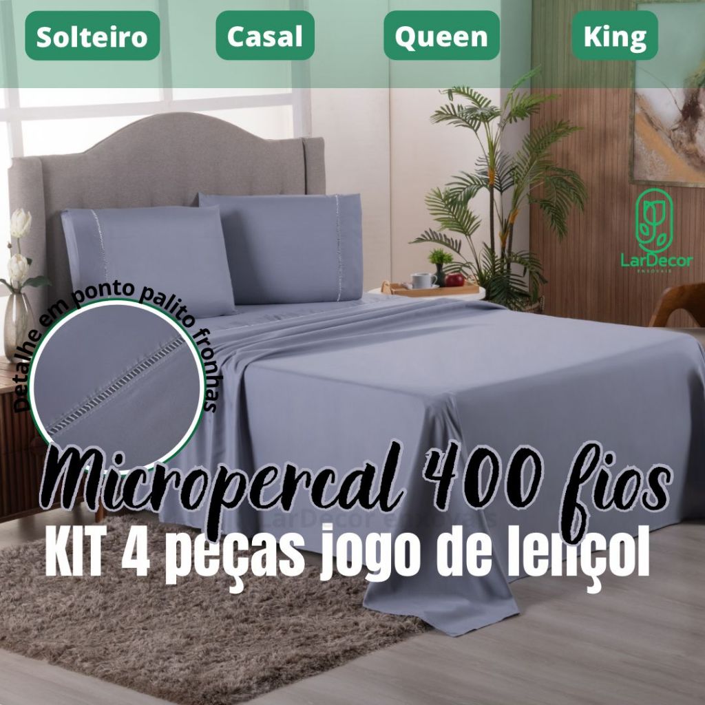 Kit Jogo Lençol Cama Solteiro Casal Queen King com Ponto Palito – 400 fios Percal 4 Peças