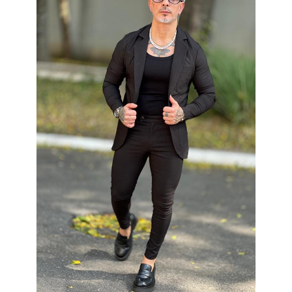 Conjunto Blazer e Calça Alfaiataria Masculino Elastano Slim 2 Peças Bengaline Esporte Fino Casamento Escritório