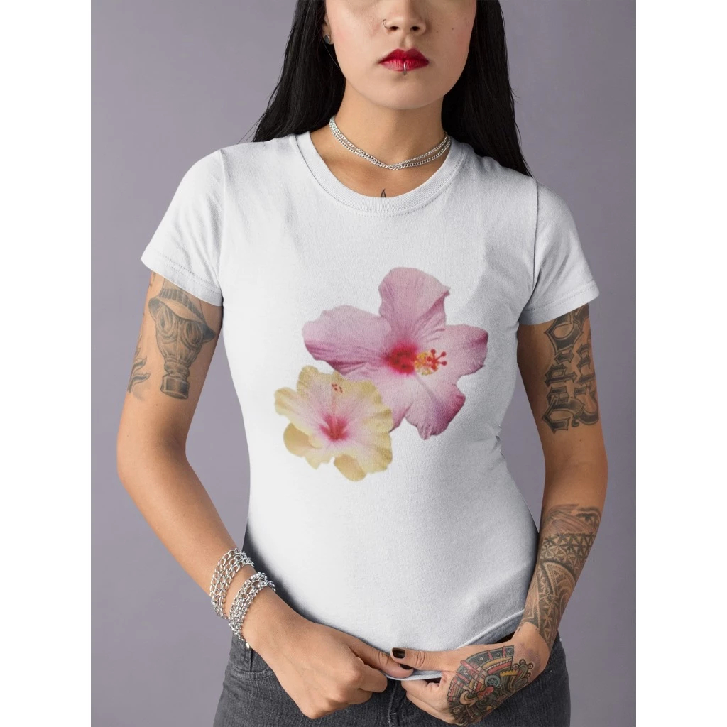 Baby Tee Y2K Feminina- Estampa Hibiscos, Conforto Elástico e Versátil para Primavera/Verão/Outono