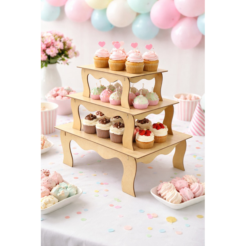 Trio Bandejas Banquinho MDF Cru Decorativo Festa Provençal Suporte para Doces Bolos e Lembrancinhas