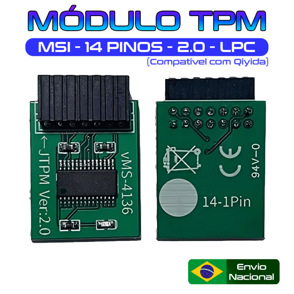 TPM 2.0 MSI 14 Pinos LPC - Módulo de Segurança - Compatível com Placa Mãe X99 Qiyida