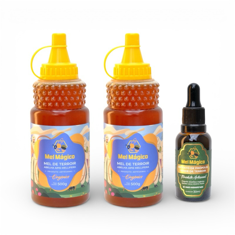 Kit 2x Mel Puro Bisnaga 500g + 1x Extrato De Própolis Verde - Me Mágico