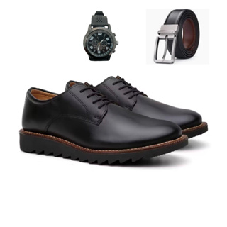 Kit Sapato Social Masculino 1 Par Preto ou Marrom com Cinto e Relogio  | Estilo Oxford Casual Preto | Esporte Fino Derby em Oferta na Shopee
