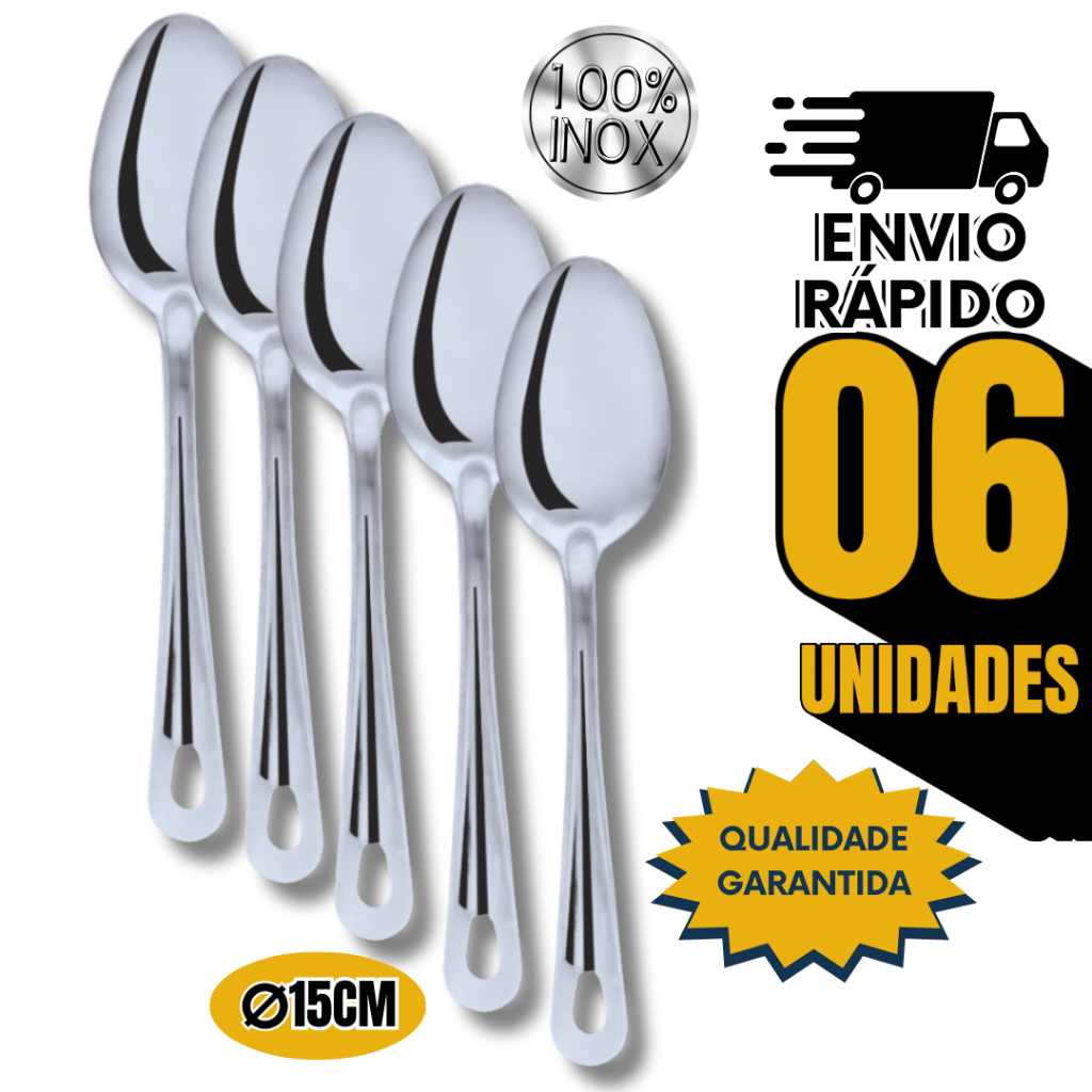 KIT 06 Colher de Arroz Colher Servir Colher Grande Aço Inox Ideal Para Bares Restaurantes Premium Utilidades