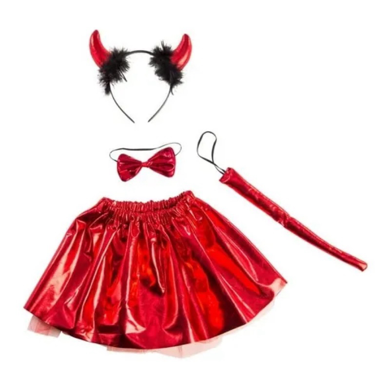 kit Fantasia Infantil de Carnaval com Tiara chifres Diabinho Gravata Rabo e saia Para Festa infantil