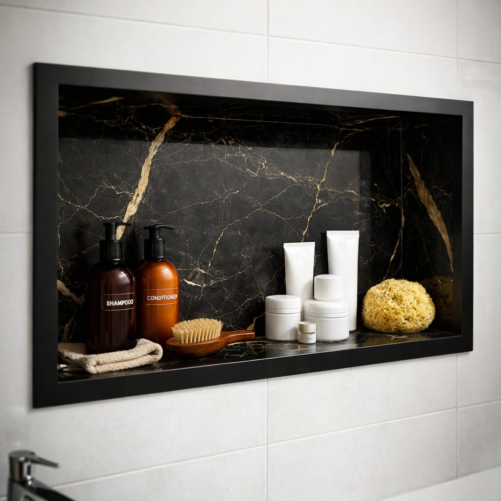 Nicho Porcelanato Calacata 60x30cm Embutido Porta Shampoo com Borda de Alumínio para Banheiro