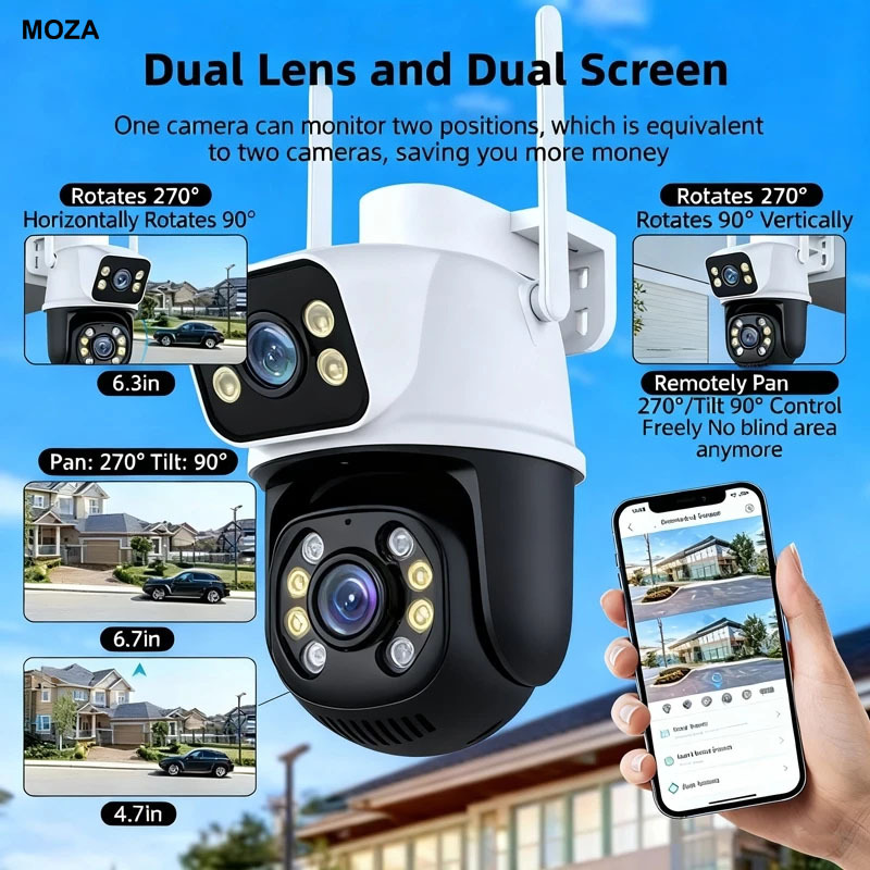 Câmera PTZ 4MP Wi-Fi Externa - Visão Noturna, 2 Lentes, Detecção Pessoas, À Prova D'água - A28