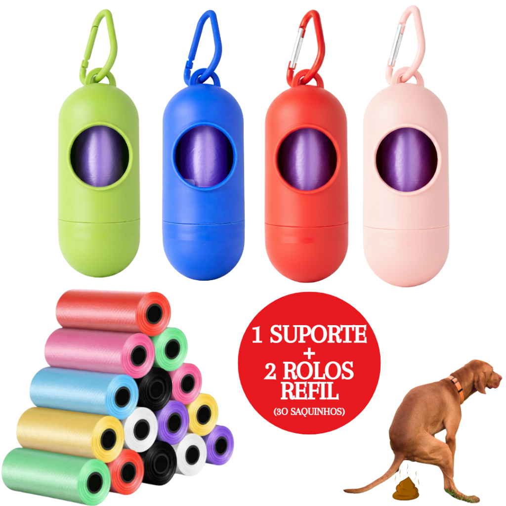 Kit Cata Caca 2 Refis Sacos Porta Saquinho Pet Cães Gatos Cachorro Recolher Coco Saco Fazes