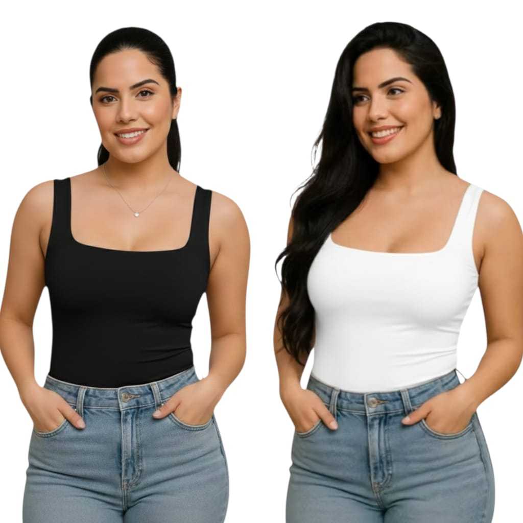 Kit 2 Blusas Regata Feminina Decote Quadrado Reto Suplex Basica Lisa Moda Elegante Tendencia