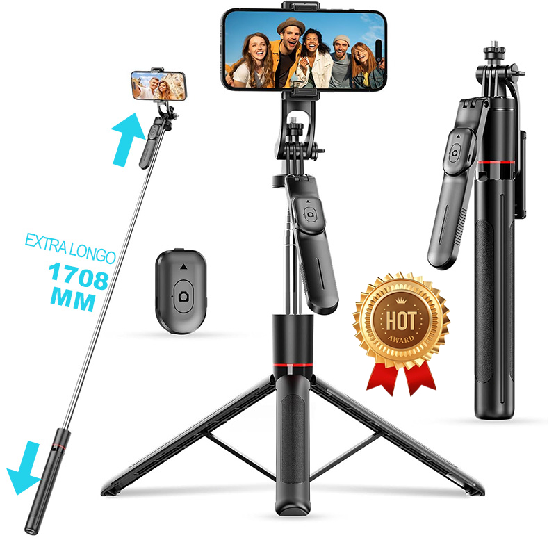Selfie Stick Tripé 1.7M/1.8M, 4 Eixos 360° Rotação Anti-tremor+ Controle Bluetooth Sem Fio para Vlog