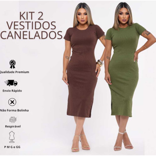 kit 2 Vestidos Femininos Mídi Canelado Manga Curta com Fenda Lateral Básico Casual e Elegante em Oferta na Shopee