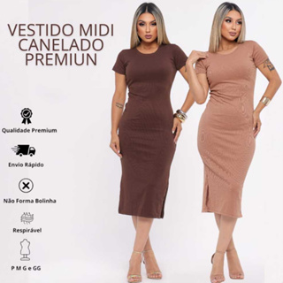 Vestido Feminino Mídi Canelado Manga Curta com Fenda Lateral Básico Casual e Elegante em Oferta na Shopee