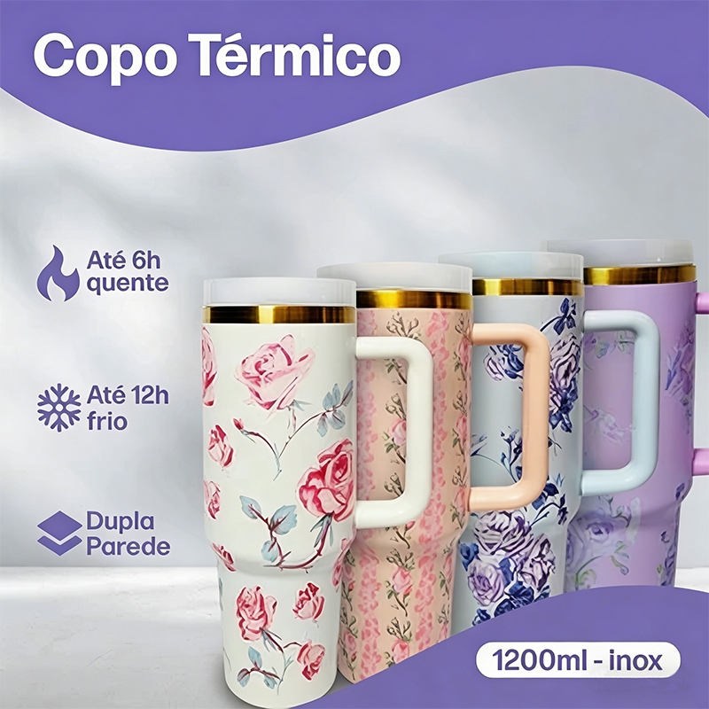 Copo Térmico 1.2L Inox com Canudo Plástico 1200mL Garrafa com Protetor de Canudo Florido Personalizado Floral em Oferta na Shopee