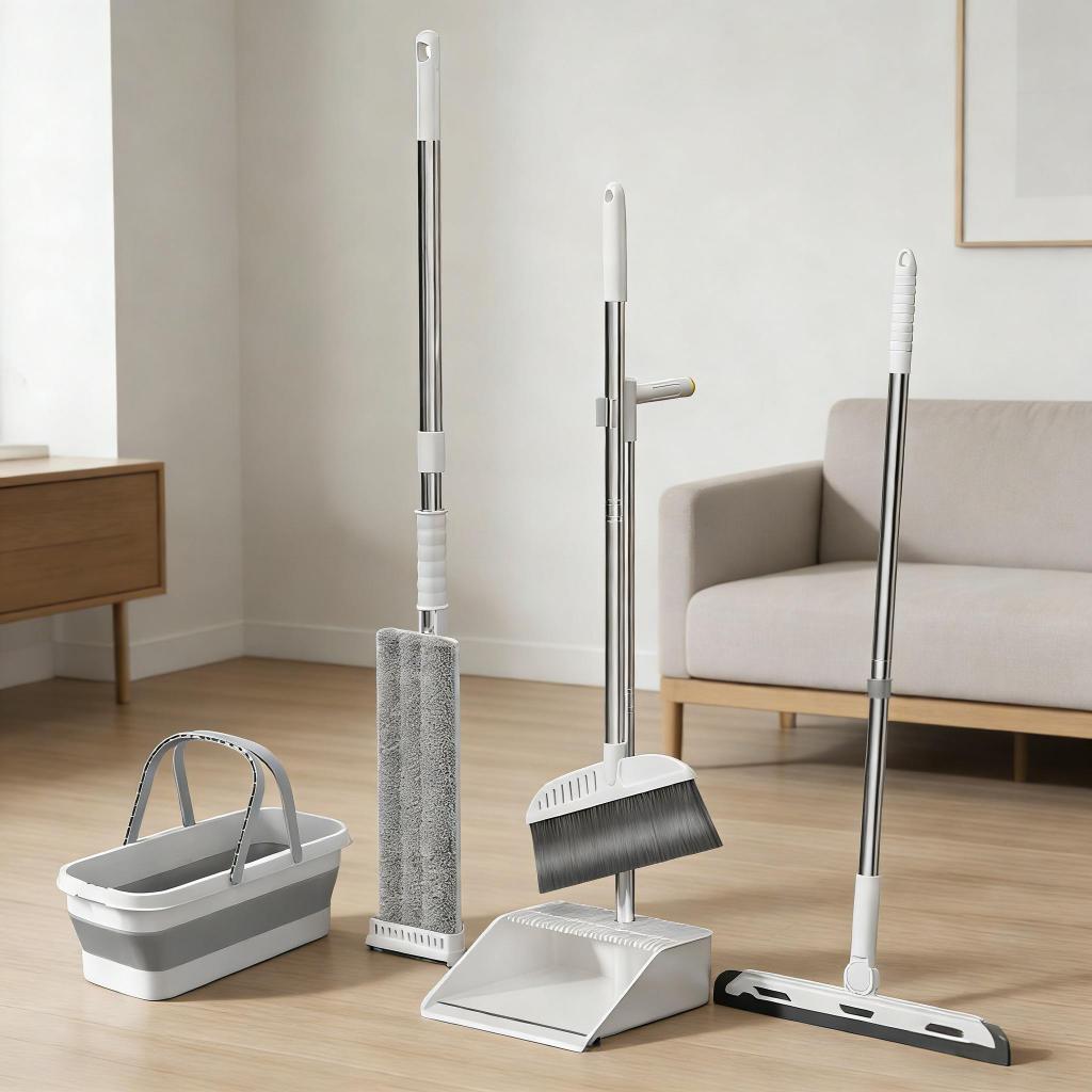 Kit Limpeza 5 em 1 Rodo Mop Flat Esfregão Com Balde Vassoura Mágica e Pá com Escova Espanadeira -S7