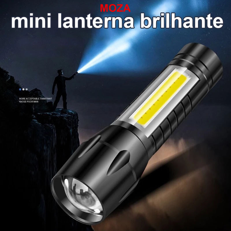 Lanterna LED, mini lanterna, com função de zoom, recarregável via USB.