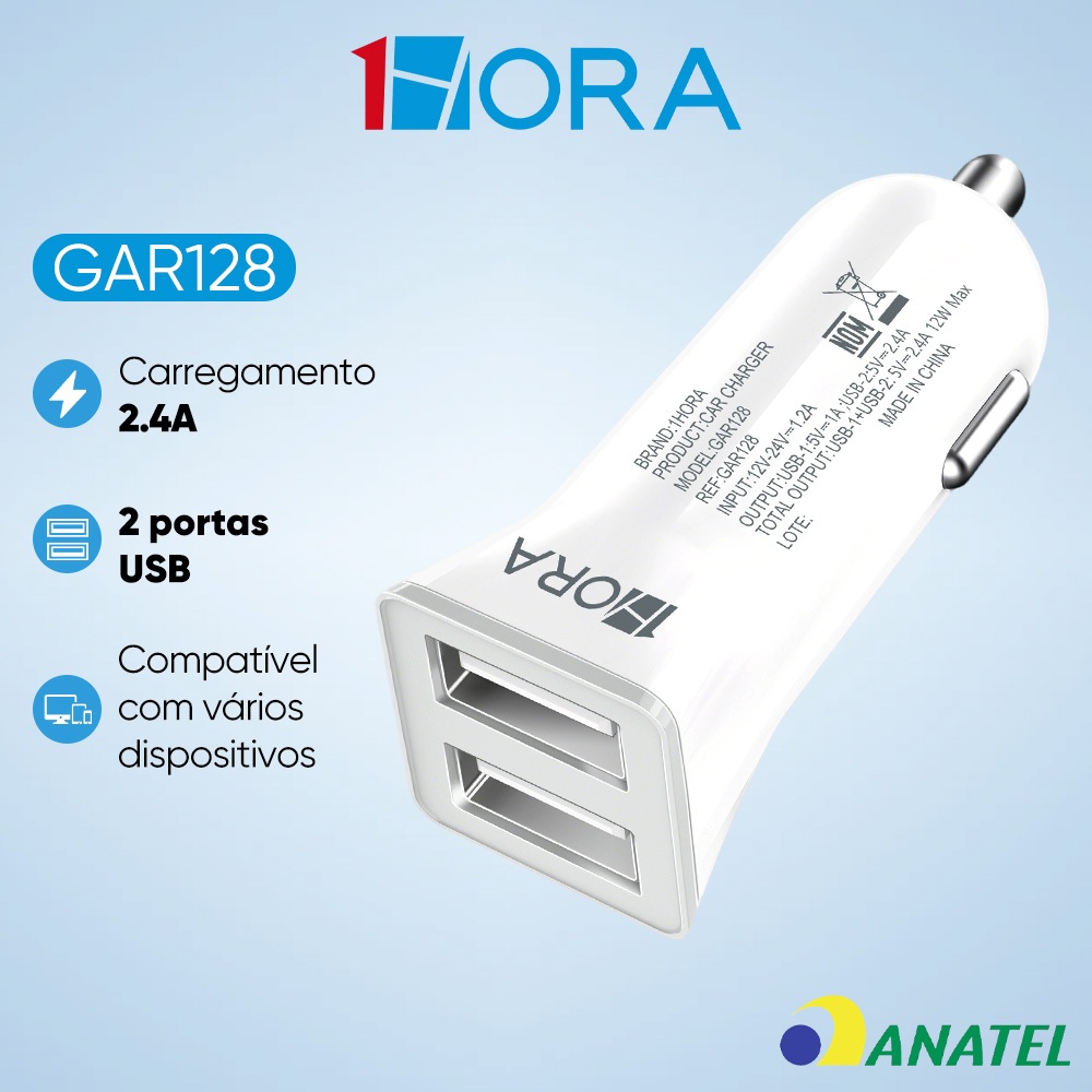 Carregador Veicular Carro Duplo Usb Cinza 38w 20w Branco