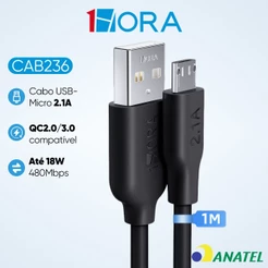 Cabo V8 Micro Usb para Usb A 1Hora 2.1A Macho 1 Metro Preto