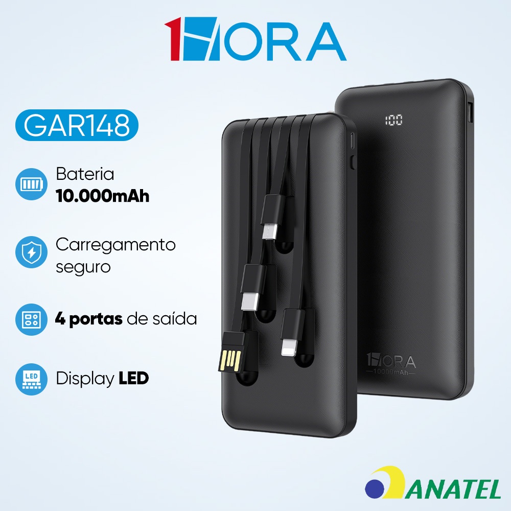 1HORA GAR148 Power Bank 10.000 mah 4 Cabos Modelo Carga Rápida Portátil Celular Tablet Fone em Oferta na Shopee