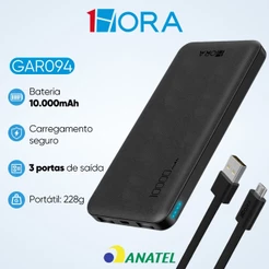 Power Bank 10.000 mah 1 Entrada Tipo C e 2 Entradas USB GAR094 1HORA Carga Rápida