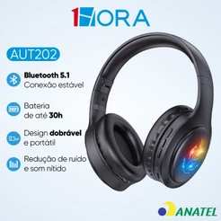 1HORA AUT202 Fone de ouvido Bluetooth 5.1 Sem Fio Headset Design Dobrável Com Microfone