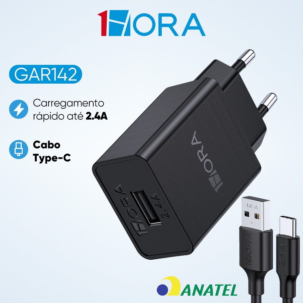 Carregador de Celular Rápido na Tomada 1 Entrada USB e Saída do Cabo Tipo C GAR142 1HORA 2.4A 12W em Oferta na Shopee