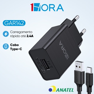 Carregador de Celular Rápido na Tomada 1 Entrada USB e Saída do Cabo Tipo C GAR142 1HORA 2.4A 12W em Oferta na Shopee