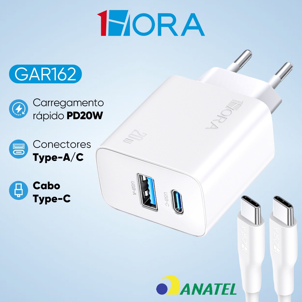 Carregador Rápido 1HORA GAR161 Pd 20w Duas Portas USB 18W + C 20W Branco + Cabo USB C 1 Metro Branco em Oferta na Shopee